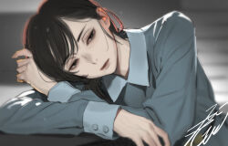  1girl arms_on_table artist_name backlighting black_eyes black_hair blurry blurry_background blurry_foreground buttons closed_mouth commentary_request depth_of_field dress grey_dress hair_behind_ear half-closed_eyes head_on_arm head_rest highres indoors kobayashi_gen leaning_on_table long_hair long_sleeves looking_ahead low_side_ponytail paranormasight:_the_seven_mysteries_of_honjo shigima_harue side_ponytail signature solo stairs table upper_body 