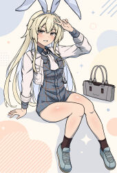  1girl arthur_ko ascot black_socks blonde_hair breast_pocket breasts brown_eyes commentary_request cropped_jacket dress grey_ascot grey_dress grey_hairband hair_between_eyes hairband hairband_ribbon highres jacket kantai_collection long_hair long_sidelocks long_sleeves looking_at_viewer official_alternate_costume plaid_clothes plaid_dress pocket shimakaze_(kancolle) shimakaze_(lawson)_(kancolle) short_dress sidelocks sitting small_breasts smile socks solo very_long_hair white_jacket 