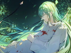  1other androgynous animal animal_hug black_background blood blood_stain closed_eyes colored_eyelashes dappled_sunlight enkidu_(fate) falling_leaves fate/strange_fake fate_(series) floating_hair from_side green_hair highres holding holding_animal jewelry katsuyaatorz leaf long_hair long_sleeves necklace other_focus parted_lips robe sunlight tears upper_body very_long_hair white_robe white_wolf wolf wolf_(fate) 