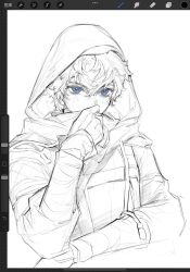  1boy adjusting_mask animification blue_eyes bu_meng chinese_commentary commentary_request drawstring eyebrow_cut fortnite freckles hair_between_eyes hand_on_own_elbow hand_up highres hood hood_up jay_(ninjago) long_sleeves looking_at_viewer male_focus mask monochrome mouth_mask ninjago procreate_(medium) short_hair simple_background sketch solo spot_color upper_body 