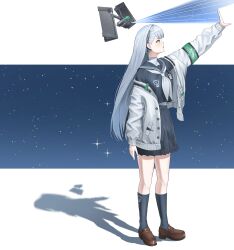  1girl absurdres ak-alfa_(girls'_frontline) akachi animal_print black_serafuku black_skirt black_socks breasts brown_eyes brown_shoes cat_print commentary_request drone full_body girls'_frontline_2:_exilium girls_frontline grey_hair hand_up highres id_card jacket light_blush long_hair long_sleeves looking_up neckerchief official_alternate_costume open_clothes open_jacket open_mouth school_uniform serafuku shadow shoes simple_background skirt socks solo standing star_(sky) starry_sky_background tololo_(girls'_frontline_2) tololo_(horizon_cruise)_(girls'_frontline_2) white_jacket white_neckerchief 