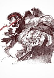  1boy absurdres beard commentary_request dougi facial_hair forked_eyebrows headband highres karate_gi male_focus martial_arts_belt marumaru1902 muscular muscular_male red_headband ryu_(street_fighter) solo street_fighter uppercut 
