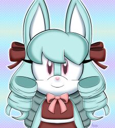  1girl animal_ears anya_the_rabbit blue_fur blue_hair bow bowtie brown_dress colorful_background dress furry furry_female highres kygomash46 original pink_bow pink_bowtie pink_eyes rabbit_ears rabbit_girl ringlets sleeveless sleeveless_dress sonic_(series) 