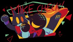  1other 2boys animal_costume animal_ears arm_up ben-day_dots black_border border bow bowtie cat_costume cat_ears cat_mike_(deltarune) character_name commentary cowboy_hat cowboy_hat_mike deltarune english_commentary fafameow gloves green_pippins grey_gloves grin hand_up hat heterochromia highres holding holding_microphone irregular_border lineup mascot_costume microphone multiple_boys no_eyes no_lineart no_mouth official_style outside_border pippins_(deltarune) red_bow red_bowtie screentones shadowguy_(deltarune) small_mike_(deltarune) smile solid_eyes tongue tongue_out triangle utdr_(toby_fox) yellow_background yellow_eyes zapper_(deltarune) 