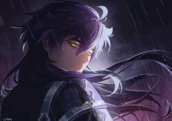  1boy absurdres black_capelet blue_hair capelet commentary double-parted_bangs eltdoa english_commentary flins_(genshin_impact) floating_hair genshin_impact hair_between_eyes highres long_hair looking_at_viewer looking_back male_focus outdoors rain signature solo upper_body very_long_hair wet wet_hair yellow_eyes 