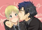  blonde_hair blush cigarette closed_eyes command_spell emiya_kiritsugu eyes_closed fate/zero fate_(series) green_eyes heart incipient_kiss incoming_kiss kosuke_haruhito necktie open_mouth saber tuxedo 