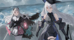  2girls absurdres arknights ascot bare_shoulders black_ascot black_dress black_gloves black_hat black_pants blue_sky clothing_cutout commentary_request dress elbow_gloves front-seamed_legwear gloves grey_eyes grey_hair grey_shirt gun handgun hat head_wings highres holding holding_lantern holding_sword holding_weapon irene_(arknights) lantern long_hair multicolored_dress multiple_girls nanami_alice ocean official_alternate_costume outdoors pants pantyhose pink_dress rapier red_eyes scar scar_across_eye scar_on_face seamed_legwear shirt skadi_(arknights) skadi_(elite_ii)_(arknights) sky sleeveless sleeveless_shirt sword thigh_cutout very_long_hair water weapon white_dress white_pantyhose wings 