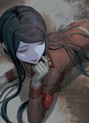  1boy androgynous armband bandaged_hand bandages black_hair closed_eyes commentary_request danganronpa_(series) danganronpa_v3:_killing_harmony eyelashes from_above gakuran highres katahaba_(wawawa_wa_haha) light_smile lipstick long_hair long_sleeves lying makeup male_focus mask mouth_mask mouth_mask_under_chin on_stomach pale_skin red_armband red_lips school_uniform shinguji_korekiyo solo upper_body very_long_hair 