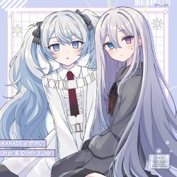  25-ji_miku 2girls :o alternate_hairstyle aqua_eyes barcode belt black_neckerchief blue_eyes blue_hair blush border center_frills closed_mouth collared_dress commentary_request cosplay costume_switch dot_mouth dot_nose dress floral_print floral_print_dress frills from_side gradient_neckerchief grey_dress grey_hair grid_background hair_between_eyes hair_ribbon hairstyle_switch hatsune_miku heterochromia highres hood hood_down hooded_dress long_bangs long_hair long_sleeves looking_at_viewer multiple_girls neckerchief outside_border parted_lips pink_eyes pleated_skirt print_dress project_sekai purple_border rc_u0 red_neckerchief ribbon roman_numeral shirt sidelocks sitting skirt straight_hair sweatdrop twintails twitter_username very_long_hair wariza white_belt white_shirt white_skirt yoisaki_kanade 