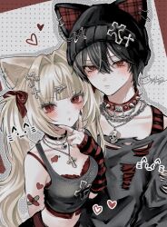  1boy 1girl absurdres animal_ear_headwear animal_ears arm_warmers bandaid beanie black_hair black_nails black_shirt blonde_hair blush bow bra breasts cat_ears chain chain_necklace choker collar commentary crop_top cross cross_necklace detached_sleeves hair_bow hair_ornament hat heart highres jewelry long_hair looking_at_viewer lulu_(oysi_mysi) midriff necklace original oysi_mysi piercing red_bra red_eyes shirt short_hair spiked_choker spiked_collar spikes torn_clothes twintails underwear untranslatable_commentary v 
