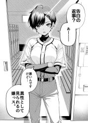 1girl :o absurdres ahoge baseball_jersey baseball_uniform belt breasts commentary_request crossed_arms dark-skinned_female dark_skin feet_out_of_frame greyscale hatching_(texture) highres jersey layered_sleeves linear_hatching locker locker_room long_sleeves looking_at_viewer medium_breasts mole monochrome ogata_(ogt_illust) open_mouth original pants shirt_under_shirt short_hair short_over_long_sleeves short_sleeves sliding_doors solo speech_bubble sportswear standing straight-on swept_bangs translation_request 