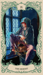  1boy aqua_eyes aqua_streaks bags_under_eyes belt belt_buckle black_belt black_shoes border brown_border buckle candle card_(medium) collarbone collared_shirt commentary_request dark dress_shoes fingernails fire fukeda_chiho full_body green_border green_necktie grid_print hair_between_eyes highres hypnosis_mic indoors jacket kannonzaka_doppo knee_up lantern lanyard light_frown long_sleeves looking_afar looking_outside looking_to_the_side loose_necktie male_focus multicolored_hair necktie open_clothes open_jacket ornate_border pinstripe_pattern pinstripe_shirt profile purple_suit raised_inner_eyebrows red_hair red_lips shadow shirt shirt_tucked_in shoes short_hair sitting solo spread_legs stone_wall streaked_hair suit suit_jacket suit_pants tarot tarot_(medium) the_hermit_(tarot) twitter_username under_covers wavy_hair white_shirt window 