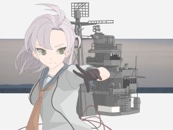  1girl absurdres antenna_hair black_gloves blue_ribbon blue_sailor_collar border breasts collarbone commentary frown gloves green_eyes hair_ribbon highres kantai_collection kinugasa_(kancolle) long_hair looking_at_viewer mast medium_breasts necktie one_side_up orange_necktie outside_border parted_bangs photo_background pink_hair radar ribbon rigging sailor_collar shirt short_sleeves solo tbf_(torigoya) upper_body wavy_mouth white_border white_shirt 