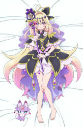  1girl absurdres animal_ear_fluff antenna_hair barefoot bed_sheet between_legs between_thighs black_bow black_capelet black_dress blonde_hair bow capelet commentary_request creature cure_arcana_shadow dakimakura_(medium) dress gradient_hair hair_between_eyes hair_intakes highres looking_at_viewer lying mameshiba_(pixiv_59310) mashu-tan meitantei_precure! multicolored_hair on_back parted_lips precure purple_hair tear_arcana_rod violet_eyes wrist_cuffs 