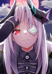  1girl absurdres adjusting_hair arm_up backlighting black_cape black_horns cape closed_mouth collared_shirt commentary_request demon_girl demon_horns dress_shirt eyepatch full_moon grey_shirt hair_down hand_on_own_head heaven_burns_red highres horns lips long_hair long_sleeves looking_at_viewer metako_(slime_shop) moon moonlight night official_alternate_costume official_alternate_hairstyle one_eye_covered outdoors red_eyes red_moon shirt smile solo straight_hair thick_eyebrows upper_body white_hair yamawaki_bon_ivar yamawaki_bon_ivar_(proud_demon_king's_triumphant_return) 