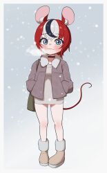  1girl absurdres alternate_costume animal_ears black_choker black_hair blue_eyes boots breath butayaro_kr choker cold dress full_body fur-trimmed_jacket fur_trim grey_boots grey_dress grey_jacket hakos_baelz highres hololive hololive_english jacket looking_at_viewer mouse_ears mouse_girl mouse_tail multicolored_hair red_hair snowing solo standing tail virtual_youtuber white_hair winter_clothes 