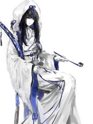  1girl black_hair blue_bow bow eye_contact gloves hair_between_eyes highres holding holding_sword holding_weapon japanese_clothes kimono limbus_company long_hair long_sleeves looking_at_another looking_at_viewer ootachi project_moon red_eyes sheath sheathed shiomi_yoru_(project_moon) shiromuku simple_background solo sword uchikake uneslll weapon white_background 