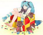  aqua_eyes aqua_hair barefoot bowtie box buttons feet hatsune_miku in_box in_container long_hair naguri single_sock sitting smile socks soles solo striped striped_socks stuffed_animal stuffed_toy teddy_bear toes twintails very_long_hair vocaloid 