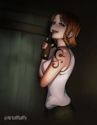  1girl absurdres bottle breasts commentary english_commentary from_side highres holding holding_bottle medium_breasts medium_hair nami_(one_piece) one_piece open_mouth orange_eyes orange_hair photo-referenced rafael_andaya shoulder_tattoo smile solo tank_top tattoo watermark white_tank_top 