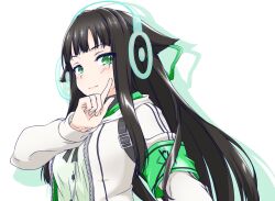  1girl armband asagi501 black_ribbon blunt_bangs breasts brown_hair character_request closed_mouth commentary_request drop_shadow green_eyes green_ribbon green_shirt hair_ribbon hand_up headphones highres hood hood_down hooded_jacket jacket light_smile long_hair long_sleeves looking_at_viewer medium_breasts neck_ribbon open_clothes open_jacket original ribbon shirt simple_background solo straight_hair textless_version upper_body vrchat white_background white_jacket 