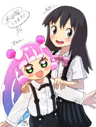  2girls :d alternate_costume black_hair black_skirt blush bow bowtie buttons character_name commentary_request crossover eyelashes green_eyes grey_eyes highres hikari_(pokemon) komukomu long_hair long_sleeves multiple_girls open_mouth pink_bow pink_bowtie pink_hair pleated_skirt pokemon pokemon_diamond/pearl/platinum puniru_(puniru_wa_kawaii_slime) puniru_wa_kawaii_slime shirt short_sleeves skirt smile suspenders teeth translation_request upper_teeth_only white_shirt 