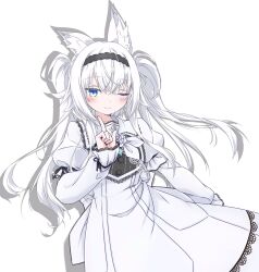  1girl animal_ear_fluff animal_ears asagi501 black_hairband blue_eyes blush closed_mouth dress drop_shadow exercising finger_push-ups flat_chest fox_ears fox_girl hairband hand_up highres lace-trimmed_collar lace-trimmed_dress lace-trimmed_sleeves lace_trim long_dress long_hair long_sidelocks looking_at_viewer one_eye_closed original push-ups revision sidelocks simple_background sleeves_past_wrists smile solo split_mouth twintails vrchat white_background white_dress white_hair yuuko_(payload0828) 