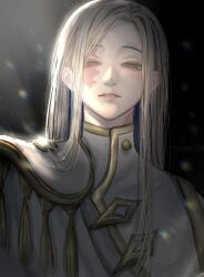  1boy armor black_background blonde_hair blue_hair chromatic_aberration colored_eyelashes colored_inner_hair commentary english_commentary gachiakuta glint gold_trim hair_down hakuiiz half-closed_eyes high_collar highres light_rays long_hair looking_at_viewer male_focus multicolored_hair parted_lips portrait scar scar_on_face scar_on_neck sidelighting sidelocks solo straight_hair sunbeam sunlight tamsy_caines tassel two-tone_hair white_armor yellow_eyes 