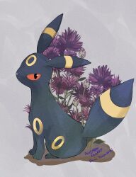  absurdres commentary_request demitsuyuzaki flower flower_request full_body grey_background highres looking_to_the_side no_humans pokemon pokemon_(creature) pokemon_focus purple_flower red_eyes sideways_glance simple_background sitting umbreon white_flower 