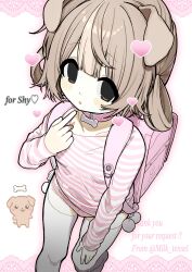  1girl animal_ears artist_name backpack bag bell black_eyes blunt_bangs blush bone_charm border brown_hair chibi collar dog_ears dog_girl dog_tail english_text from_above full_body heart highres lace lace_border long_sleeves looking_at_viewer milk_(milk319319) neck_bell original ornate_border parted_lips pink_shirt pink_theme school_bag shirt shoes short_hair simple_background solo standing striped_clothes striped_shirt tail thigh-highs twintails twitter_username watermark white_background 