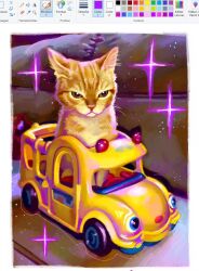  alwaysalele angry animal animal_focus baby_animal cat commentary hue_shifting indoors kitten making-of_available microsoft_paint_(medium) microsoft_paint_(software) no_humans original painterly photo-referenced realistic sitting solo spanish_commentary sparkle tabby_cat toy_car whiskers 