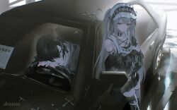  1girl 1other androgynous black_car black_choker black_eyes black_hair black_jacket black_skirt bobby_pin boots breasts brown_eyes car choker chromatic_aberration closed_mouth commission cross_hair_ornament crossed_arms double-parted_bangs from_above grey_hair hair_ornament hair_over_one_eye headdress highres jacket jewelry key key_necklace knee_boots long_hair long_sidelocks looking_to_the_side miniskirt motor_vehicle necklace night off_shoulder one_eye_closed original outdoors paper parted_lips ring sidelocks signature single_thighhigh siotanikun skirt small_breasts striped_clothes striped_jacket thigh-highs thigh_strap twintails vertical-striped_clothes vertical-striped_jacket very_long_hair x_hair_ornament 