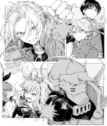  !? 3girls 4boys absurdres ahoge alex_louis_armstrong alphonse_elric armor black_gloves black_hair braid cagliostro_(granblue_fantasy) clarisse_(granblue_fantasy) closed_eyes copyright_name crown edward_elric facial_hair full_armor fullmetal_alchemist furrowed_brow gloves granblue_fantasy greyscale grin hair_between_eyes highres horns jacket long_hair makotosub1101 military_jacket military_uniform monochrome multiple_boys multiple_girls muscular muscular_male mustache open_mouth parted_bangs plume riza_hawkeye roy_mustang short_hair shoulder_spikes single_braid single_horn smile sparkle spikes sweatdrop updo white_gloves 