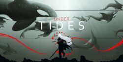  1girl absurdres arknights black_coat coat commentary english_commentary english_text facing_away full_body grey_background grey_hair highres holding holding_sword holding_weapon long_hair low-tied_long_hair orca skadi_(arknights) solo somder standing standing_on_one_leg sword tropical_fish underwater weapon 