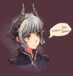  bust copyright_request doomfest english epaulettes green_eyes horns short_hair silver_hair solo text truth 