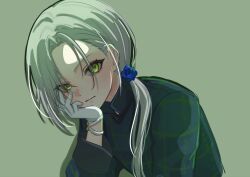 1girl alternate_hair_length_(longer) berrytrt blue_flower blue_rose closed_mouth eyelashes flower gloves great_yell_for_dreamers!_(project_sekai) green_background green_eyes green_shirt grey_hair hair_behind_ear hair_flower hair_ornament hair_over_shoulder hand_on_own_cheek hand_on_own_face hand_up head_rest highres hinomori_shiho hunched_over long_hair long_sleeves looking_at_viewer official_alternate_costume official_alternate_hairstyle parted_hair plaid_clothes plaid_shirt ponytail project_sekai rose shirt side_part simple_background solo upper_body white_gloves 