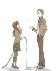  1boy 1girl blue_necktie brown_hair brown_pants brown_skirt cardigan cigarette closed_eyes closed_mouth commentary_request false_smile full_body grey_cardigan hand_in_pocket hand_to_own_mouth highres holding holding_cigarette holding_hose hose korean_commentary kumari_kojika lapels long_hair mahou_tsukai_no_yoru necktie notched_lapels open_mouth pants red_necktie shadow short_hair simple_background skirt smile thdtjddus2810 tsukiji_tobimaru wet white_background 
