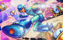  android arm_cannon arm_up armored_boots battle blue_bodysuit blue_boots blue_eyes blue_gloves blue_gorget bodysuit boots clenched_hand clenched_teeth commentary english_commentary fighting fighting_stance firing gloves headphones helmet highres joints kicking looking_back mega_man_(classic) mega_man_(series) met_(mega_man) robot robot_joints teeth weapon yellow_helmet 