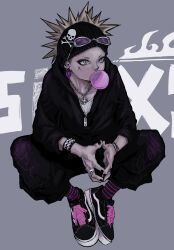  1boy black_headband black_jacket black_nails black_pants black_shoes blonde_hair blowing_bubble_gum bracelet chewing_gum cross cross_necklace cross_scar ear_piercing earrings eyewear_on_head grey_background grey_eyes headband highres hood hood_down hooded_jacket invisible_chair jacket jewelry looking_to_the_side male_focus necklace nu_punxxxz original pants piercing purple-tinted_eyewear scar scar_on_cheek scar_on_face shirt shoes short_hair simple_background sitting skull_and_crossbones skull_print skull_ring sneakers socks solo spiky_hair steepled_fingers striped_clothes striped_socks studded_bracelet tinted_eyewear vans white_shirt 