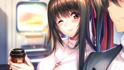  1boy 1girl amakano_2 black_hair black_jacket blush breasts closed_mouth cup disposable_coffee_cup disposable_cup embarrassed game_asset highres holding holding_cup jacket jewelry kurohime_yuuhi long_sidelocks looking_at_another necklace non-web_source official_art one_eye_closed pendant piromizu ponytail red_eyes self-datamine sidelocks smile sweater turtleneck turtleneck_sweater variant_set visual_novel_cg wakura_kenichi white_sweater 