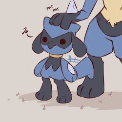  advos black_fur blue_fur chibi evolutionary_line hand_on_another's_head lucario pokemon pokemon_(creature) riolu solo_focus sound_effects spikes tail yellow_fur 