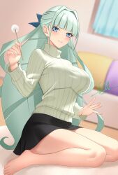  1girl artist_name beckoning big_hair black_skirt blue_eyes blunt_bangs blurry blurry_background commentary_request couch curtains dated eyebrows_hidden_by_hair green_hair green_sweater hair_intakes half_updo highres indoors lap_pillow_invitation long_hair long_sleeves looking_at_viewer mimikaki parted_lips ribbed_sweater saint-germain_(symphogear) senki_zesshou_symphogear shu_(syuh9029) signature sitting skirt smile solo sweater tri_tails turtleneck turtleneck_sweater very_long_hair wariza window 