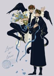  2boys animal_ears black_coat black_necktie black_shirt black_vest black_wings blue_ribbon bouquet cat_boy cat_ears coat collared_shirt commentary_request cursive demon_king_of_salvation demon_wings english_text feathered_wings floating flower full_body hair_flower hair_ornament hand_in_pocket highres holding holding_bouquet kim_dokja looking_at_another male_focus multiple_boys necktie omniscient_reader's_viewpoint open_clothes open_coat popped_collar ribbon shirt standing typo_koneko vest white_coat white_shirt wings yoo_joonghyuk 