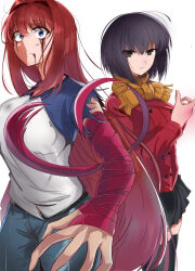  2girls absurdres aozaki_aoko black_eyes black_hair black_thighhighs bleeding blood blue_eyes breasts command_spell commentary cosplay cowboy_shot denim emiya_shirou emiya_shirou_(cosplay) english_commentary fate/stay_night fate_(series) glowing glowing_hair hair_ribbon highres kuonji_alice long_hair long_legs looking_at_viewer mahou_tsukai_no_yoru multiple_girls pantyhose raglan_sleeves red_hair red_sweater ribbon scar scar_on_face self-upload shokobr simple_background super_aoko sweater thigh-highs tohsaka_rin tohsaka_rin_(cosplay) turtleneck white_background 