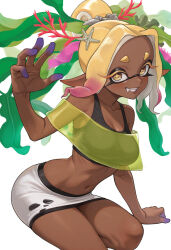  1girl algae blonde_hair breasts collarbone colored_eyelashes colored_fingertips commentary_request coral_hair_ornament dark-skinned_female dark_skin fang frye_(splatoon) frye_(splatoon_raiders) gradient_hair hair_ornament highres inkling jajanome long_eyelashes long_pointy_ears looking_at_viewer medium_breasts multicolored_hair navel pointy_ears see-through_clothes see-through_shawl shawl short_eyebrows smile solo splatoon_(series) splatoon_raiders starfish_hair_ornament tentacle_hair yellow_eyes 