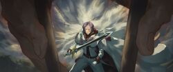  aqua_ascot ascot black_trim cape carriage hair_slicked_back highres jacket julius_juukulius knight purple_hair re:zero_kara_hajimeru_isekai_seikatsu ringotashi track_jacket track_suit two-sided_capelet white_cape 