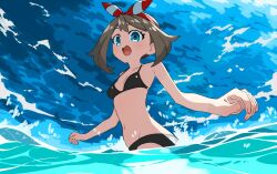  1girl ahoge ashikare bare_shoulders bikini black_bikini blue_background blue_eyes bow brown_hair commentary_request hair_bow highres looking_up may_(pokemon) midriff navel ocean open_mouth outdoors outstretched_arm partially_submerged pokemon red_bow short_hair solo splashing standing stomach swimsuit water waving wet white_bow 