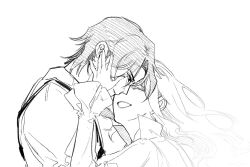  1boy 1girl catherine_(project_moon) chest_harness closed_eyes collared_shirt commentary_request frilled_sleeves frills greyscale harness heathcliff_(project_moon) hetero korean_commentary limbus_company long_hair mangsug12_40 monochrome open_mouth project_moon shirt sidelocks smile 