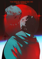  1boy axis_powers_hetalia bandaged_neck bandages black_background closed_eyes closed_mouth coat cropped_torso from_side full_moon hair_between_eyes highres limited_palette lips long_sleeves looking_to_the_side male_focus mixed-language_commentary moon multiple_views open_mouth red_background russia_(hetalia) russian_text scarf short_hair smile star_(symbol) two-tone_background upper_body zayats 