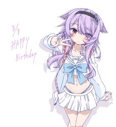  1girl animal_ears asagi501 birthday_date black_hairband blue_bow blush bow breasts character_name character_request closed_mouth collarbone commentary_request cowboy_shot crop_top cropped_shirt ears_down fox_ears grid_print hair_over_one_eye hairband hand_up happy_birthday highleg highleg_panties highres jacket long_hair long_sleeves miniskirt multicolored_jacket navel open_clothes open_jacket original panties pleated_skirt purple_hair red_eyes red_jacket sailor_collar shirt simple_background skirt small_breasts smile solo standing stomach two-tone_jacket underwear v vrchat white_background white_jacket white_sailor_collar white_shirt 