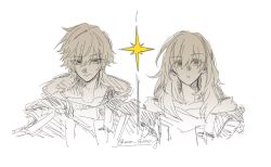  1boy 1girl caelus_(honkai:_star_rail) closed_mouth collarbone dual_persona greyscale hair_between_eyes honkai:_star_rail honkai_(series) hood hooded_jacket jacket lapels long_hair looking_at_viewer me_shino_g monochrome open_clothes open_jacket open_mouth shirt short_hair sidelocks simple_background star_(symbol) stelle_(honkai:_star_rail) t-shirt trailblazer_(honkai:_star_rail) two-sided_fabric two-sided_jacket upper_body 